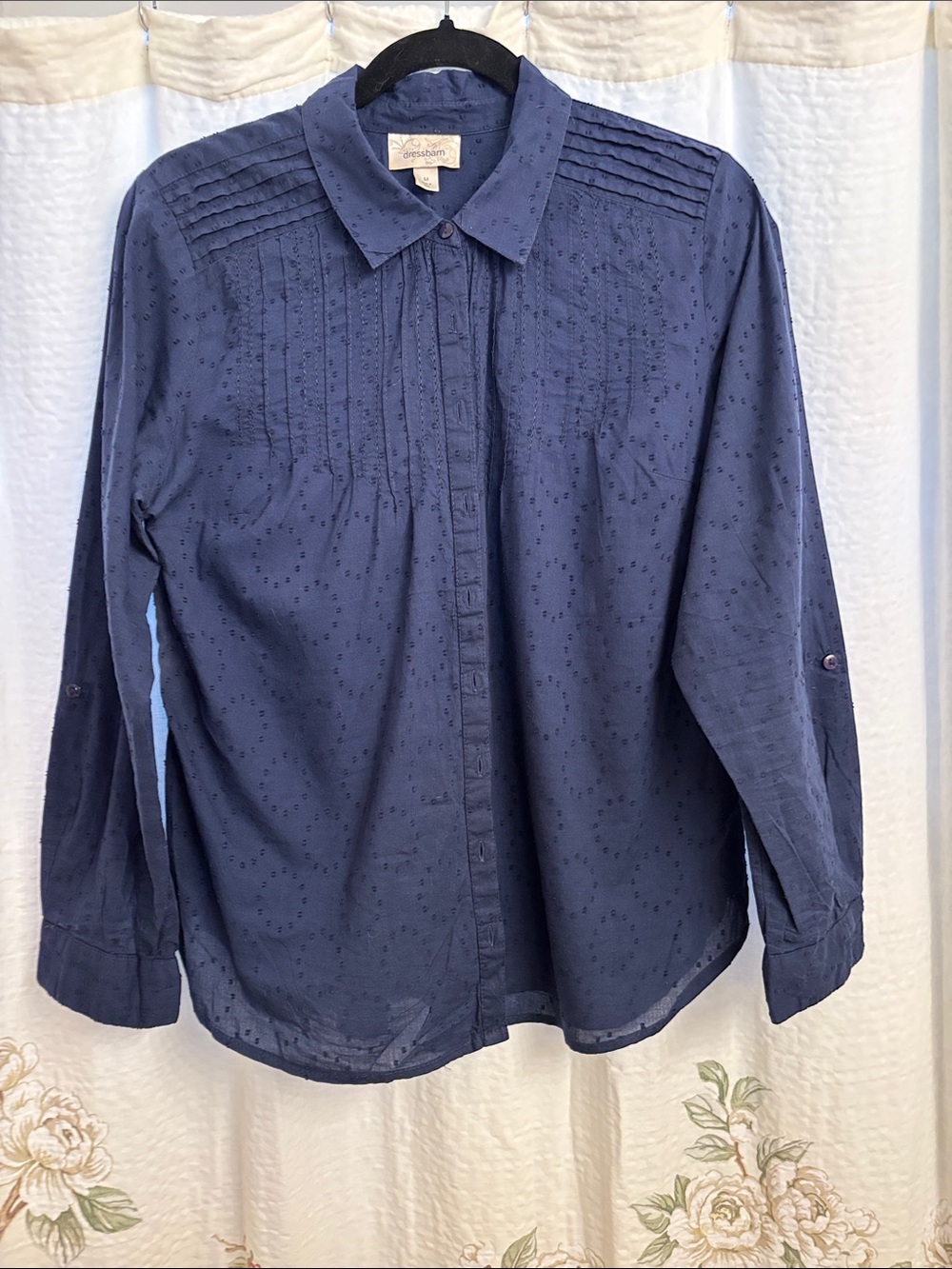 dressbarn Navy Textured Button-Down Shirt